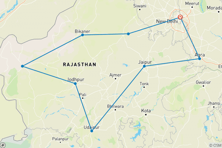 Map of 12-Days : Classic Rajasthan Tour from Delhi