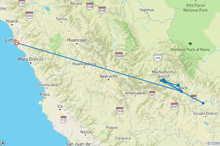 Map of Inca Trail Package 9 Days