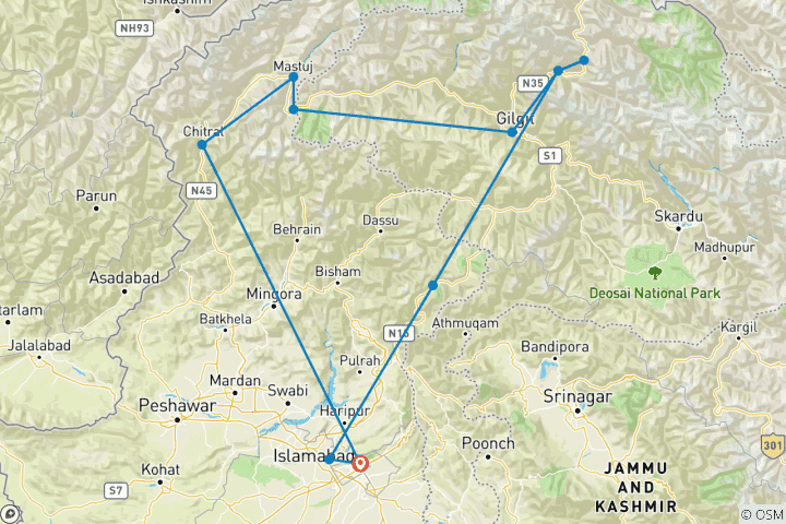 Carte du circuit Circuit privé sur mesure de 2 semaines au Pakistan avec départ quotidien