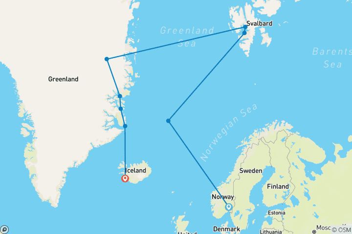 Carte du circuit Spitzberg, Groenland et Islande - M/V Greg Mortimer