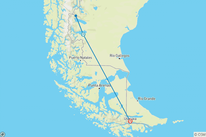 Carte du circuit 16 jours d'expérience luxueuse en Patagonie à El Calafate, El Chalten et Ushuaia