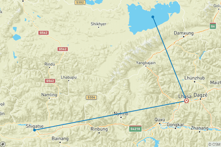 Mapa de Excursión en grupo de 10 días de Lhasa al campamento base del Everest y lago Namtso