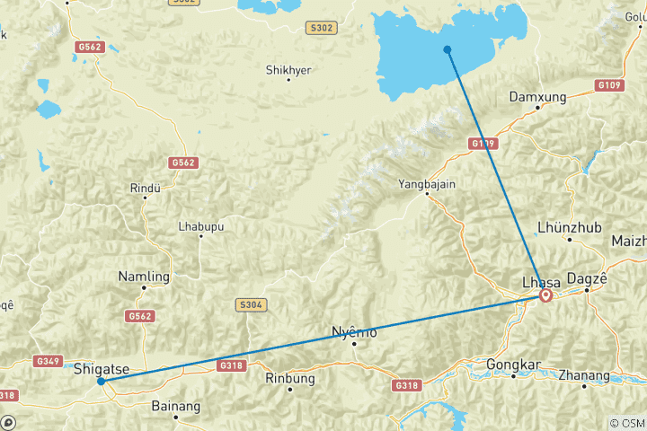 Carte du circuit 10 jours - Circuit en groupe de Lhassa au camp de base de l'Everest et au lac Namtso