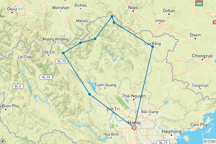 Mapa de Circuito en moto de Hanoi a Ha Giang pasando por Dong Van, Meo Vac, Bao Lac, Ba Be y los lagos de Thac Ba