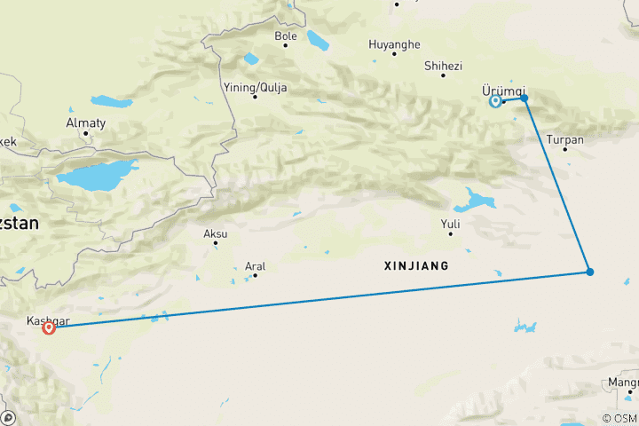 Map of Budget Tour: Urumqi, Tianchi, Turpan and Kashgar 7 Days in Xinjiang