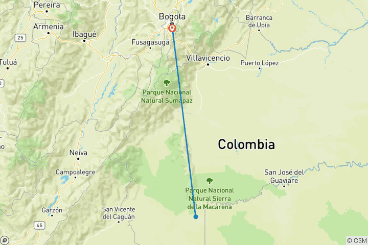 Map of Caño Cristales 3 days tour from Bogota