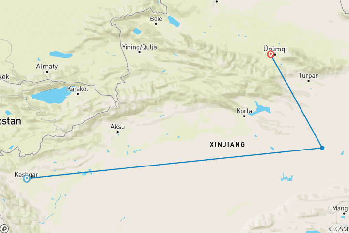 Map of Budget Xinjiang Tour: Kashgar, Turpan and Urumqi 6 Days