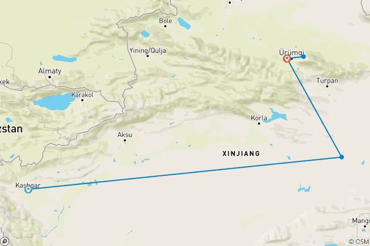 Map of Budget Xinjiang Tour: Kashgar, Turpan, Urumqi and Tianchi 7 Days