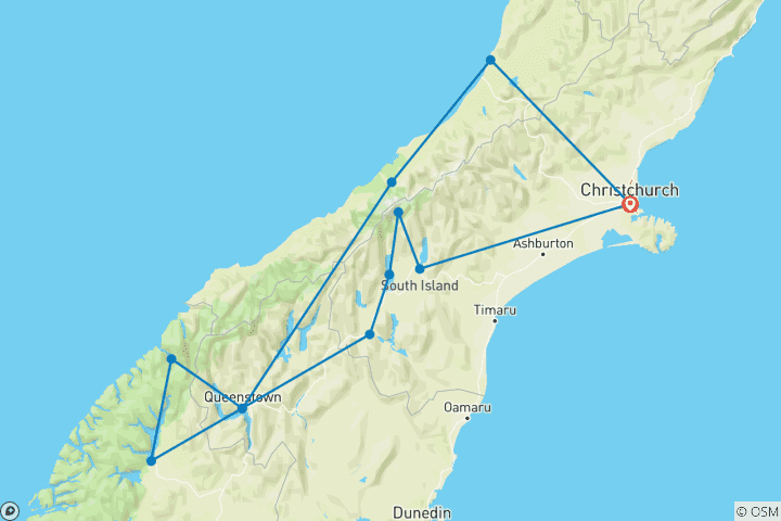 Map of South Island Essence Coach Tour