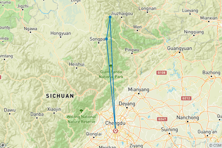 Carte du circuit Circuit de 3 jours en voiture à Huanglong et Jiuzhaigou depuis Chengdu