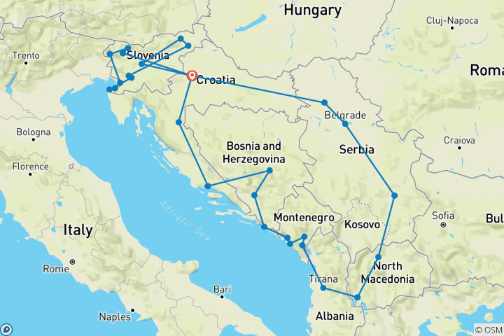 Carte du circuit Aventure complète dans les Balkans