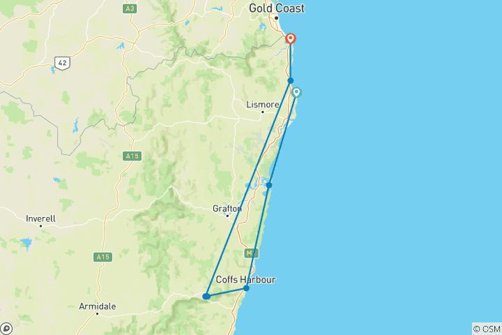 Map of Sydney to Brisbane Adventure (from Byron Bay to Tweed Heads)