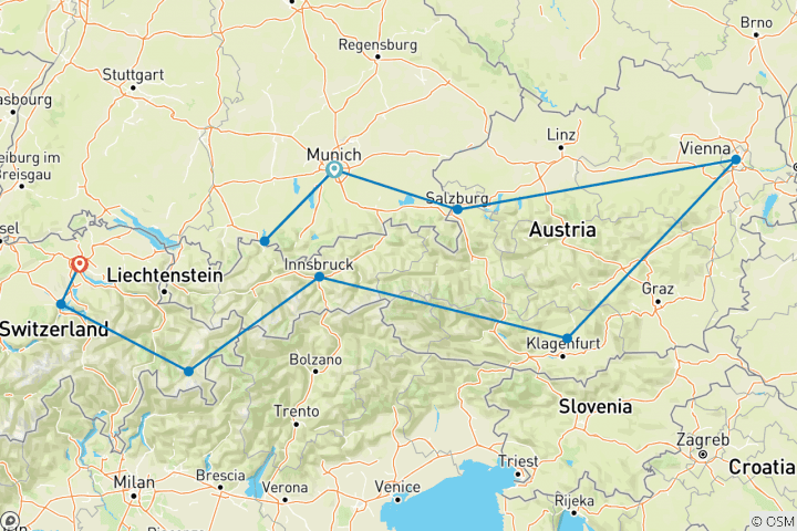 Carte du circuit Les routes de campagne de la Bavière, de la Suisse et de l'Autriche - classique, été 2021, 11 jours