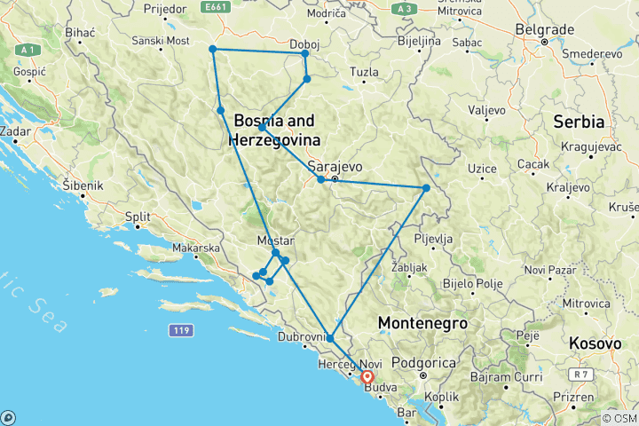 Mapa de Todo el año, 12 días de ruta por Bosnia desde Tivat. explora los mejores Lugares de la UNESCO. naturaleza. arquitectura. cultura. historia. gastronomía. el vino. viajar despacio