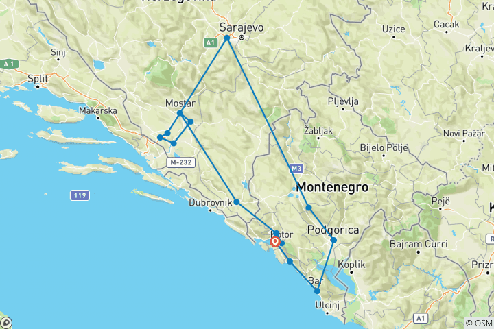Kaart van Buiten het seizoen 8-daagse rondreis door Bosnië en Montenegro vanuit Tivat. Topbestemmingen! UNESCO sites. Natuur. Architectuur. Cultuur. Archeologie. Geschiedenis. Keuken. Wijn. Langzaam reizen