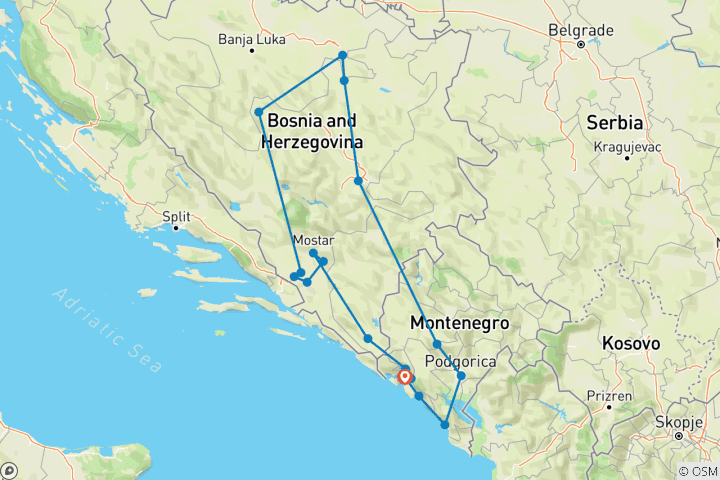 Kaart van Buiten het seizoen een 11-daagse rondreis door Bosnië en Montenegro vanuit Tivat. Topbestemmingen! UNESCO sites. Natuur. Architectuur. Cultuur. Geschiedenis. Keuken. Wijn. Langzaam reizen