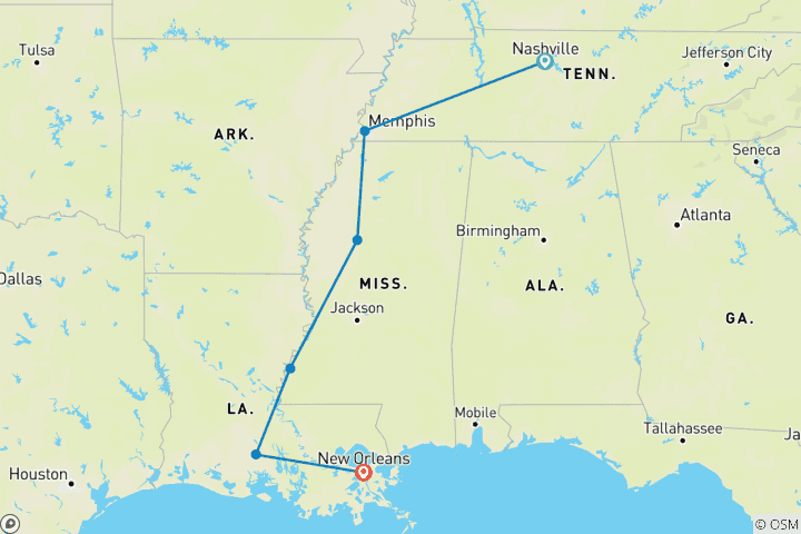 Map of Country Roads of the Deep South (Small Groups, 12 Days)