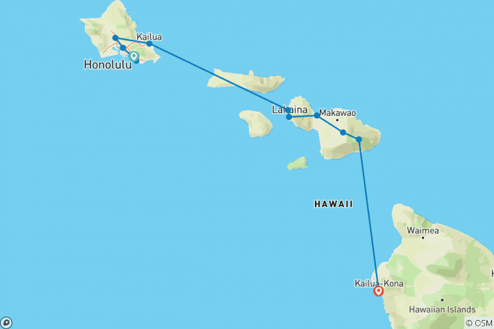 Carte du circuit Hawaï avec Oahu et Maui (classique, avec Big Island, 10 jours)