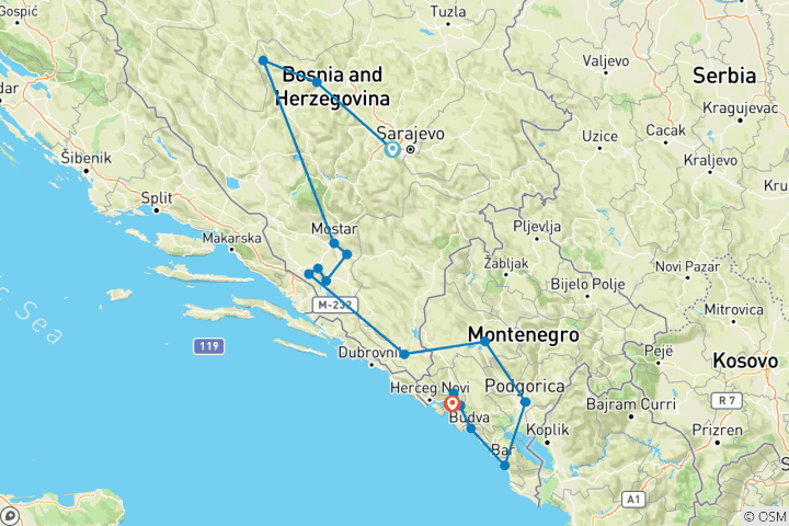Karte von Entdeckungsreise Das Beste von Bosnien & Montenegro: UNESCO-Stätten, Natur, Architektur, Kultur, Archäologie, Geschichte, Kulinarik, Wein, Mittelalterliche Orte & Festungen im Genießertempo (ab Sarajevo, 15 Tage)