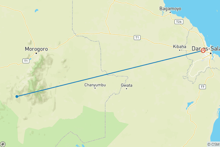 Carte du circuit Découvrez notre safari privé exclusif de 4 jours au départ de Dar es Salaam vers Mikumi, Udzungwa, les chutes d'eau de Sanje et la culture Masai.