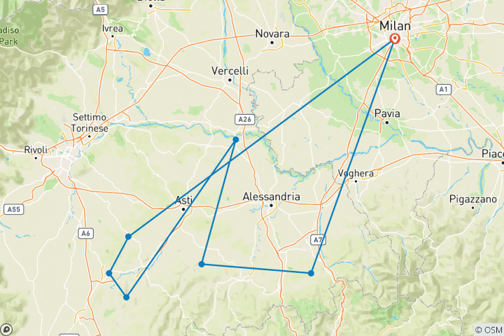 Map of Piedmont Private Epxerience: land of grapes, truffle and history