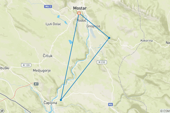 Mapa de Circuito de un día en todas las estaciones para ver los alrededores de Mostar. excursión para descubrir Bosnia: Blagaj, Radimlja, Stolac, Mogorjelo, Pocitelj.