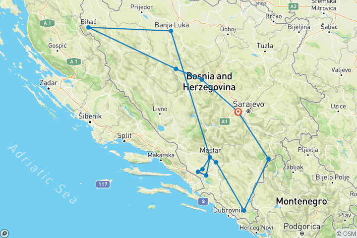Karte von Erk&en Sie Bosnien in 10 Tage von Sarajevo aus. Ganzjähriges langsames Reisen durch Bosnien-Herzegowina.