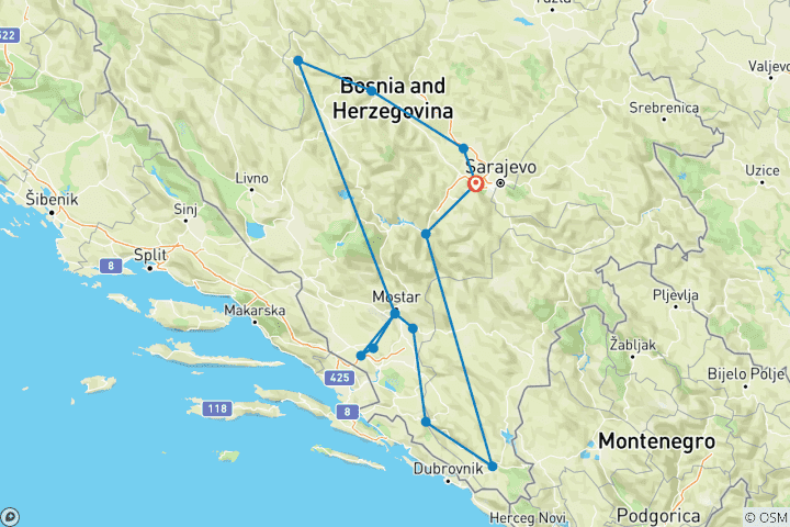 Map of Explore Bosnia in 9 days tour from Sarajevo. Year-round slow travel across Bosnia-Herzegovina.