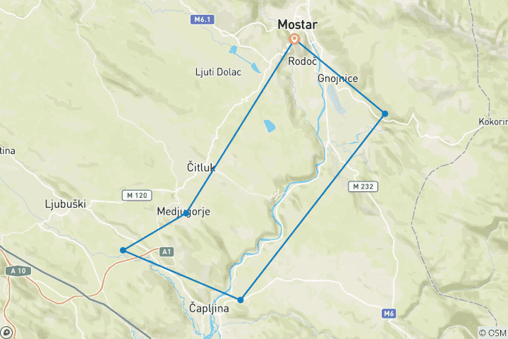 Kaart van Dagtocht voor alle seizoenen in de omgeving van Mostar. Ontdek Blagaj, Pocitelj, Mogorjelo, Kravica watervallen, Medjugorje.