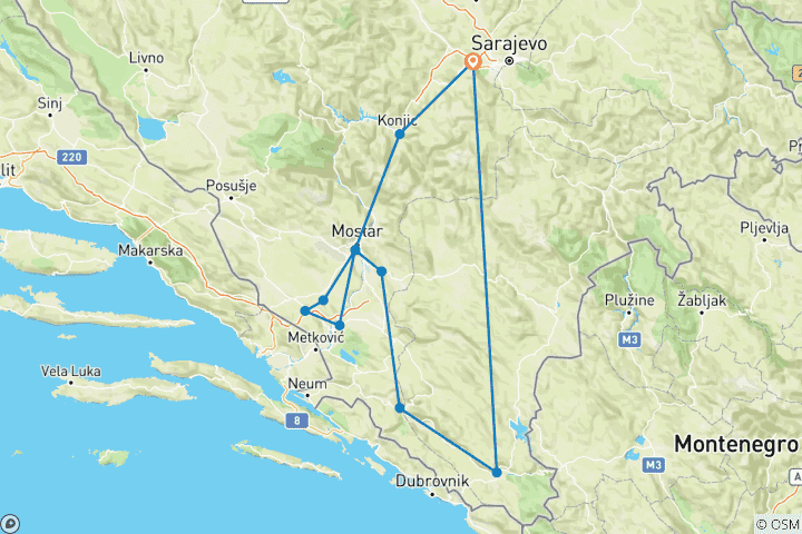Carte du circuit Circuit de 5 jours au départ de Sarajevo pour découvrir la Bosnie tout au long de l'année. Sarajevo, Mostar, Medjugorje, Kravica, Tvrdos, Trebinje.