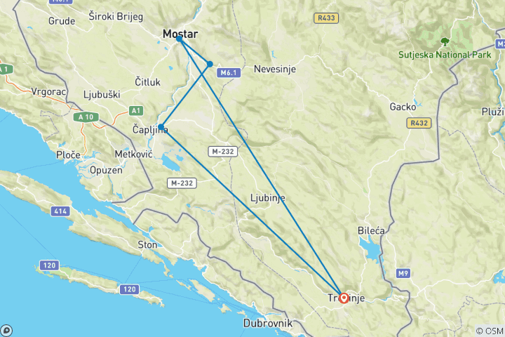 Map of All seasons, Bosnia discovery 2 days mini-tour from Trebinje. Mostar, Vjetrenica Cave, Zavala, Blagaj, Pocitelj, Stolac, Tvrdos, Mogorjelo. UNESCO sites. Nature. Architecture. Culture. History. Cuisine. Wine.