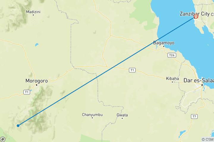 Carte du circuit Découvrez notre safari privé complet de 4 jours au départ de Zanzibar vers Mikumi, Udzungwa, les chutes d'eau de Sanje et la culture Masai.