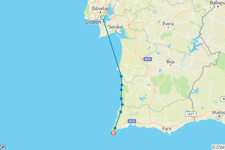 Carte du circuit Trek dans la Rota Vicentina au Portugal