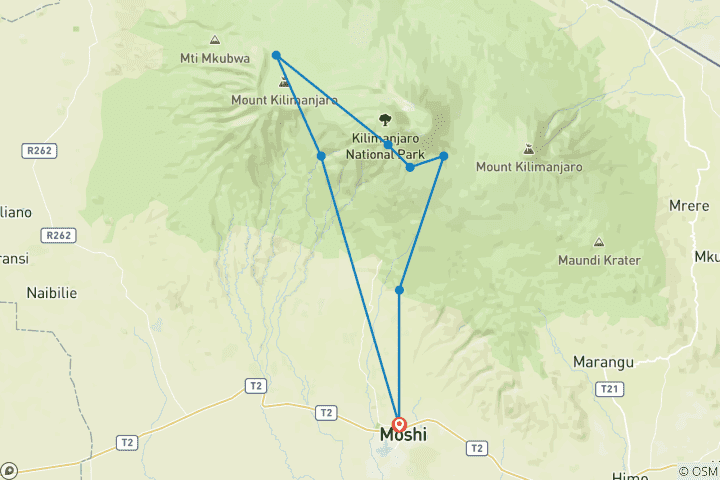 Kaart van 7-daagse Mount Kilimanjaro trekking via Machame route