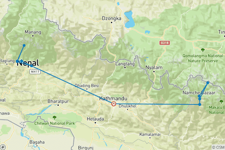 Kaart van Annapurna naar Everest Luxe Trekking