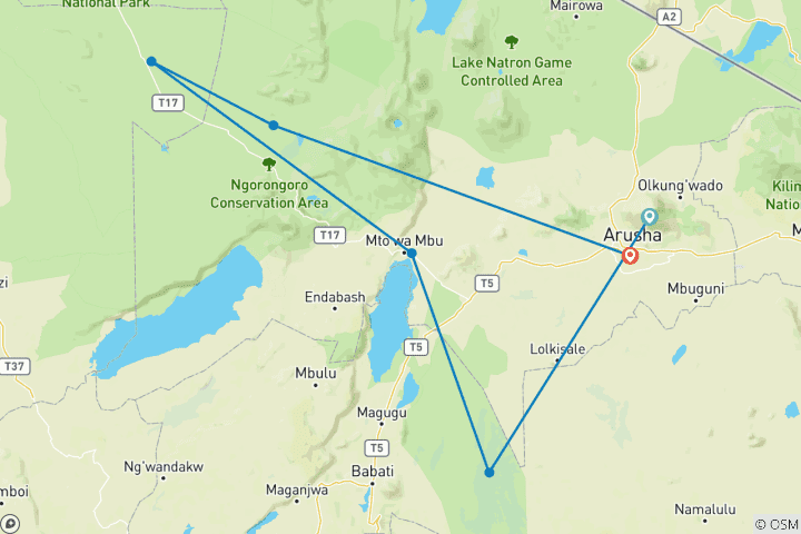 Carte du circuit Obtenez le meilleur guide de safari en groupe à prix réduit de 4 jours de Nairobi au Serengeti et au Ngorongoro.