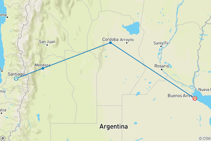 Mapa de Pase de viaje de Santiago a Buenos Aires - vía Mendoza