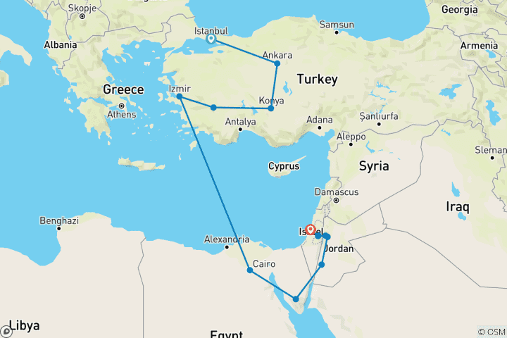 Carte du circuit Moyen- Orient : Turquie, Égypte, Jordanie et Israël - 19 jours