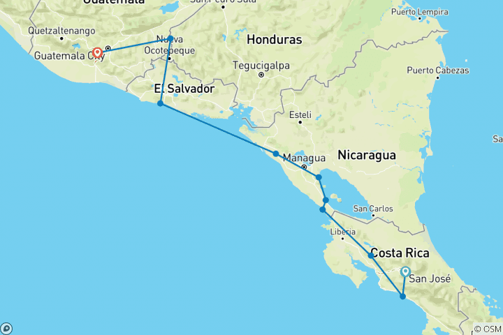 Map of San Jose to Antigua Travel Pass