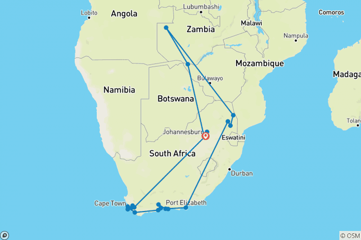 Kaart van 20-daagse Beste van Zuidelijk Afrika Overland rondreis