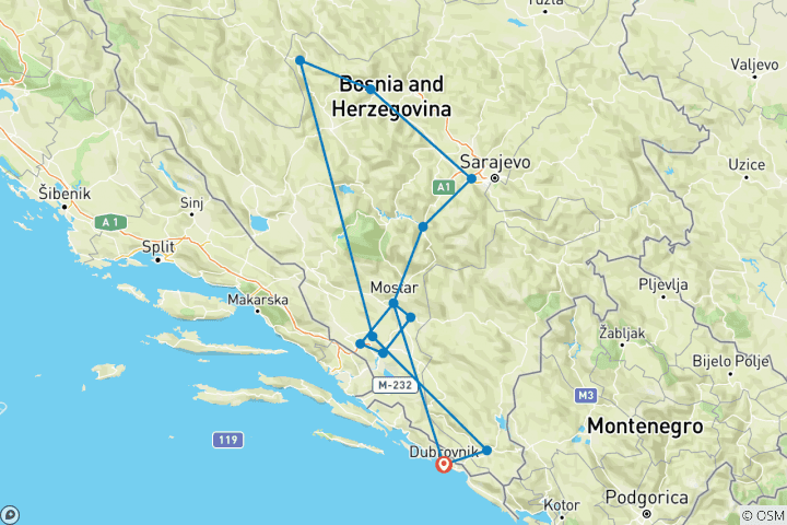 Mapa de Las principales atracciones de Bosnia en una excursión de 8 días desde Dubrovnik. circuito descubrimiento de Bosnia en todas las estaciones.