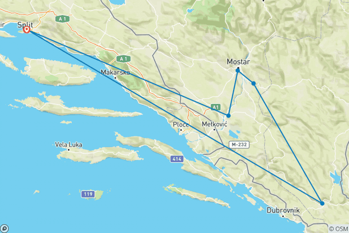 Carte du circuit Toutes saisons Découvrez la Bosnie en 3 jours au départ de Split. Sites de l'UNESCO. Nature. Architecture. Culture. Vin. Cuisine. Routes pittoresques, vieilles villes et anciens monastères.