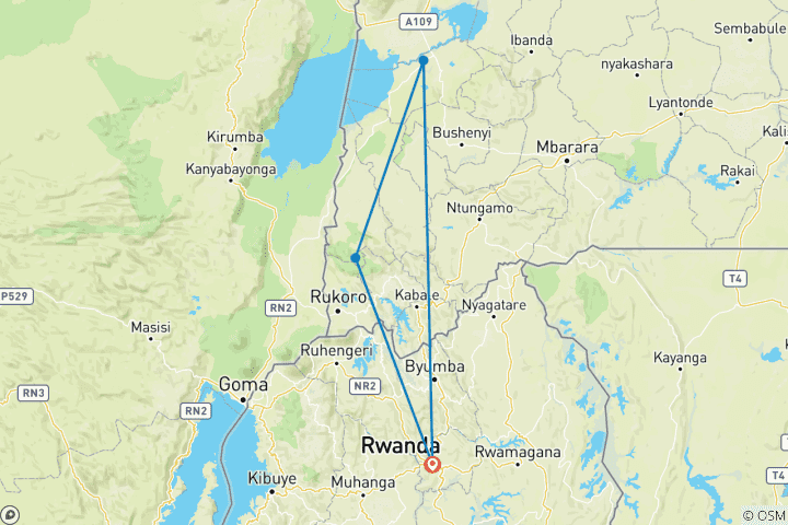 Carte du circuit 3 jours d'observation de la faune et des gorilles au Rwanda