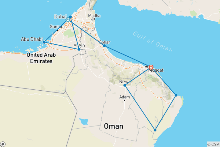 Kaart van De VAE & Oman – van modernisme tot tradities – een begeleide rondreis met 4* hotels – volpension