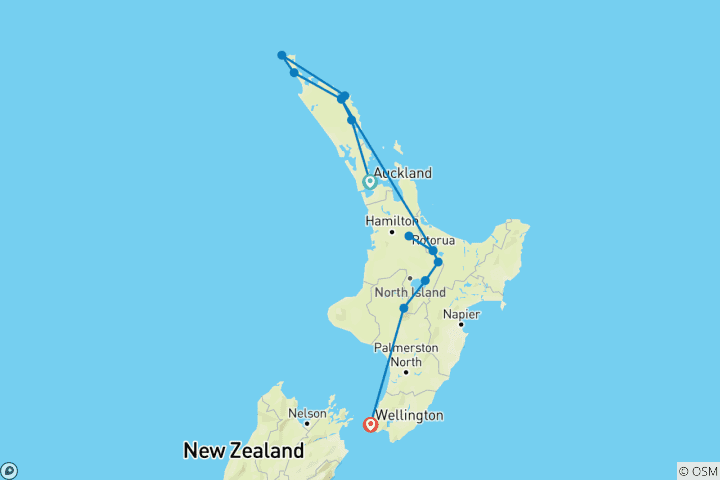 Carte du circuit Île du Nord de la Nouvelle-Zélande : Haka et sources d'eau chaude