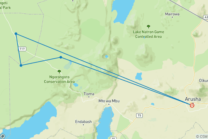 Map of Experience Our All-Inclusive & Premium 4-Day South Serengeti Migration Private Safari from Arusha, Tanzania