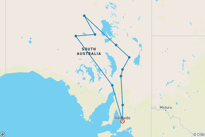 Carte du circuit Aventure dans l'arrière- pays de l'Australie méridionale (22 destinations)