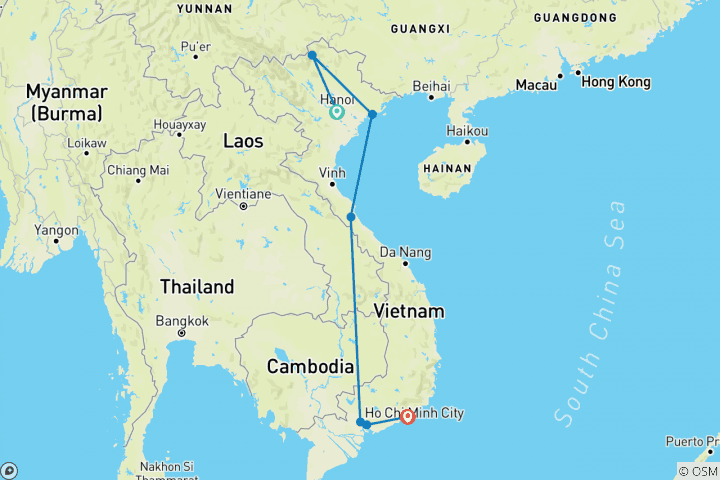 Mapa de Vietnam aventura 16 días