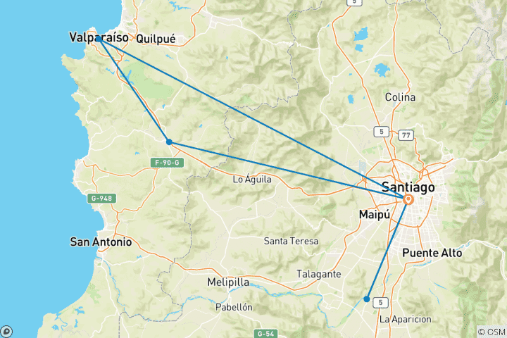 Carte du circuit Expérience privée de dégustation de vins et de mets au Chili : Casablanca, Vallée de San Antonio et Valparaiso