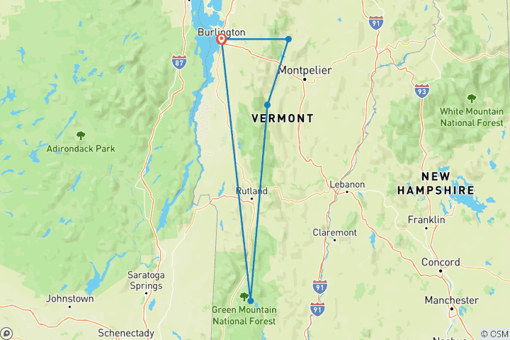 Carte du circuit Trek dans le Vermont pour admirer les feuillages d'automne